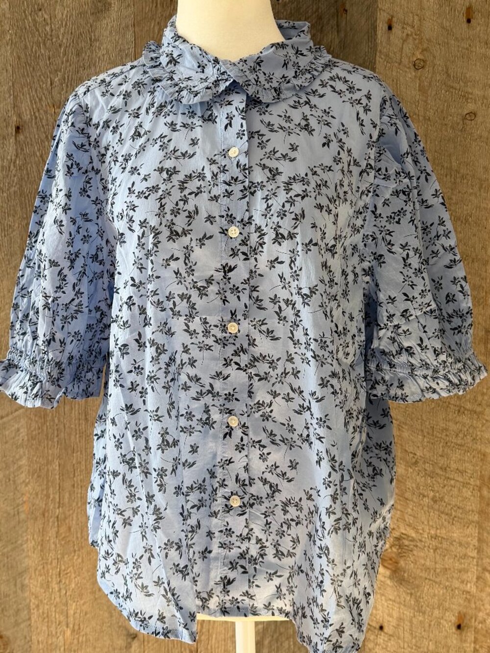 A.N.A Blue Button Down with Black Flowers Size Large